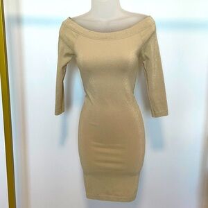 BEBE Gold Off Shoulder Bodycon Dress 3/4 sleeve